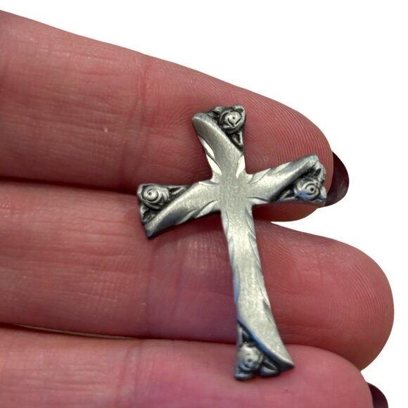 Handmade Fine Pewter Cross Pin Roses New England Vintage NWT Classic Elegant - Picture 5 of 8